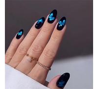 Short Almond Press-On Fake Nails Elegant Butterfly Nail Art Decoration Black Glossy Manciure for Women and Girls 24pcs