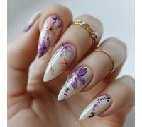 Short Almond Press-On Fake Nails Elegant Retro Flowers Nail Art Decoration Glossy Manciure for Women and Girls 24pcs