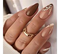 Short Almond Press-On Fake Nails Glitter Leafs Nail Art Decoration Glossy French Manciure for Women and Girls 24pcs