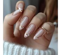 Short Almond Press-On Fake Nails Glod Flowers Nail Art Decoration Stylish French Manciure for Women and Girls 24pcs