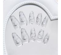 Short Almond Press-On Fake Nails Irregular Lines Nail Art Decoration Metallic Silver Manciure for Women and Girls 24pcs