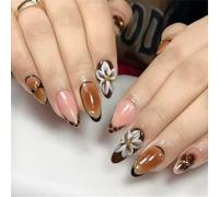Short Almond Press-On Fake Nails Retro Flowers Nail Art Decoration Amber Blooming French Manciure for Women and Girls 24pcs