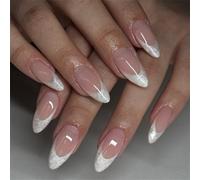 Short Almond Press-On Fake Nails Shimmer Pearl Nail Art Decoration Eleagnt French Manicure for Women and Girls 24pcs
