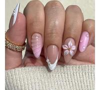 Short Almond Press-On Fake Nails Soild Floral Waves Nail Art Decoration French Elegant Manciure for Women and Girls 24pcs