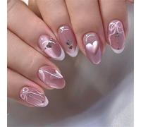 Short Almond Press-On Fake Nails Sweet Heart Bowknot Nail Art Decoration French Cat's Eye Manciure for Women and Girls 24pcs