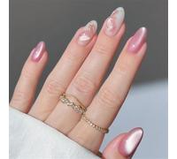 Short Almond Press-On Fake Nails Sweet Shiny Flowers Nail Art Decoration Cat's Eye Manciure for Women and Girls 24pcs