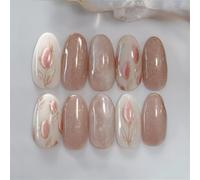 Short Almond Press-On Fake Nails Sweet Tulip Nail Art Decoration Blooming Cat's Eye Manciure for Women and Girls 24pcs