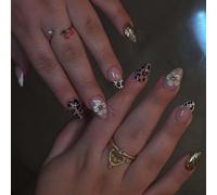 Short Almond Press-On False Nails, 24-Piece Nude Pink Animal Print Set | Glossy French Tips, Raised Floral Details, Black, White And Metallic Gold Finishes, For Home Manicures And Special Occasions