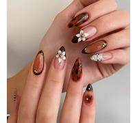 Short Almond Press-On False Nails, Brown French Tip Mixed Print Designs
