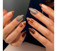 Short Almond Press-On False Nails, Glossy Nude, Grey And Brown Nail Tips | Mixed Floral, Animal-Style And Fine-Line Patterns, Gold-Toned Dot Details, For Temporary Home Manicures And Social Occasions