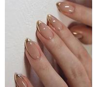 Short Almond Press-On False Nails, Glossy Nude Pink, Gold Edge, 24-Piece | Pre-Shaped Tips, Coordinated Manicure Design For Daily Wear, Weddings And Festivals, Consistent Edging Across The Set