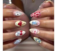 Short Almond Press-On False Nails, Mixed Graphic Designs, 24-Piece Set