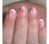 Short Almond Press-On False Nails, Nude Pink French Tips, Floral, 24-Piece