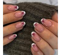 Short Almond Press On Nails - 24 Pcs French Tip False Nails with Red Bow Design - 12 Sizes French Fake Nails Acrylic Almond Tips Pattern - Removable Summer Cute Stick On Nails for Women Daily Wear