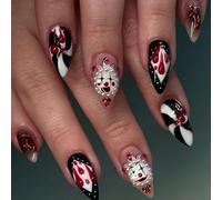Short Almond Press-On Nails, 24-Piece 3D Theatrical Assorted Nail Set | Black, White And Deep Red Motifs, Raised Bead-Like Details, Jelly Adhesive Tabs, For Costume Parties And Evening Events