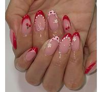 Short Almond Press on Nails, 24pcs 12 Sizes French Tip False Nails Press Ons Glossy Red Fake Nails with Cute Cherry Wave Point Bowknot Flower Design, Reusable False Nails Almond for Home Manicure