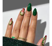 Short Almond Press on Nails - 24pcs Christmas Dark Green False Nails with Bowknot Holly Flower Pattern - Oval Medium Glue-on Fake Nails - Removable Full Cover Stick-on Nails for Women Nail Art