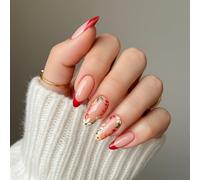 Short Almond Press On Nails Flower Design - 24Pcs Red French Tip Fake Nails Kit with Floral Patterns, Eco- ABS Material Salon-Worthy Manicures Stick On Crush Chrome Cherries Glamrous Square Medium