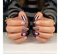 Short Almond Press On Nails, Glossy Burgundy Leopard, Stripe And Star Set | 12 Size Options, Complete Application Kit, Nude Pink, Black And White Details, For DIY Manicures, Everyday Wear And Occasions