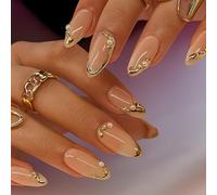 Short Almond Press-On Nails, Glossy Nude Finish, 3D Gold Pearl Details | Coordinating Artificial Nail Tips, For Routine Manicures And Social Occasions, Assorted Raised Patterns Across The Set