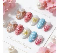 Short Almond Press on Nails - Island Style Summer False Nails - 30pcs 12 Sizes Acrylic Nails with Marine Elements & Frangipani Motifs - Durable Colorful Nail Acessories for Women
