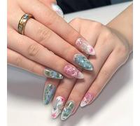 Short Almond Press on Nails, Monet Floral Summer False Nails, Pastoral French Style Reusable Full Cover Fake Nails for Women