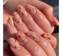 Short Almond Press-On Nails, Peach Pink Celestial Design, 24-Piece Set