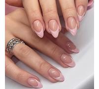 Short Almond Press on Nails - Pink French Tip False Nails Short with 3D Patten Design - Natural Nude Pink Fake Nails Set Classic Soft Gel Stick on Nail for Women Daily