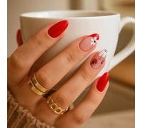 Short Almond Press On Nails Red French Tip False Nails with Daisy Floral Design - Reusable Stick On Nails for Women, Cute Short Fake Nails for Daily Wear & Special Occasions