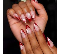 Short Almond Press on Nails with Floral Art & Red French Tip Design - Fake Stick On Square False Nails for Women, Elegant Handmade 24pcs Kit Cherry Flowers Dot Semi Cute Pack Polka Wraps Strips