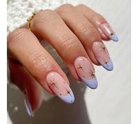 Short Almond Press-On Nails with French Tip & Gold Accents - 24-Piece Reusable False Nails Set with Soft Pink Lavender Blue Ombre Edge Design for Women, Salon Quality Easy Application Natural Fit