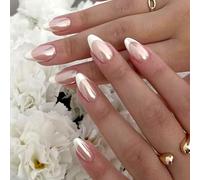 Short Almond Press On Nails With French Tip White Edge & Nude Pink Glossy Finish - Reusable Acrylic Look Fake Nails Set For Women Brides Easy Application Everyday Wear Wedding Special Occasion