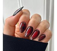 Short Almond Press-On Nails with Wine Red Black French Tip & Spider Web Design - 24 Pcs Glossy ABS Fake Nails with Adhesive Tabs for Women, Girls, Parties, Dates & Casual Wear