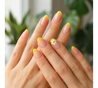 Short Almond Press On Nails Yellow French Tip with Daisy Accent - Natural Nude False Nails for Women Daily Wear, Spring Outfits & Summer, Glossy Shiny Manicure, Lightweight Petite Fake Kit