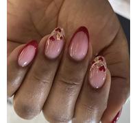 Short Almond Shape French Tip Faux Heart Glittering Glossy Stick on 24Pcs for Valentines Day Heart Pattern