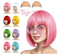 Short Baby Pink Bob Wigs for Women,4 Pack Womens Pink Wig Set with Sunglass Cap,Coloured Wig Neon Fancy Dress Accessory Cosplay Party Wigs Flat Bangs,Synthetic Straight for Daily Halloween Decorations