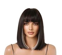 Short Black with White Highlights Synthetic Wigs with Bangs Cosplay Heat Resistant Fiber Wig Beautiful
