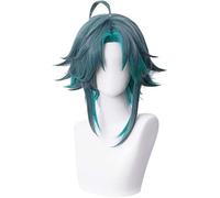 Short Bluish Green Blue Wig for Xiao Genshin Impact Game Anime Fluffy Cosplay Hair Wigs with Bangs + Cap Cosplay Anime Wig Coser