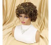 Short Bob Curly Wig 8 Inch Short Curly Wig Pixie Human Hair Fully Machine Made with Bangs Fluffy Short Curls for Black Women Female Cosplay Theme Parties(Gradient gold)