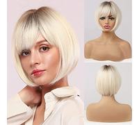 Short Bob Natural Straight Wigs with Bangs for Women, Platinum Blonde Wig with Dark Roots Synthetic Hair for Daily Party Cosplay