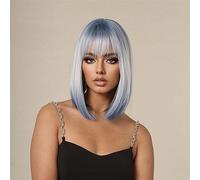 Short Bob Straight Ombre White to Blue Wigs with Bangs for Women, Shoulder Length Blue Roots Wig Heat Resistant Hair for Daily Party Cosplay