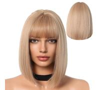 Short Bob Straight Wig with Bangs - 14 Inch Natural Bob Wig | Highlighted Heat Resistant Synthetic Hair | Natural Looking Short Bob Wigs for Women, Can Be Dyed or Permed