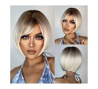 Short Bob Synthetic Wig Platinum Blonde Ombre Straight Wigs with Bangs for Black Women Afro Heat Resistant Cosplay Daily Hair Daily Use