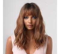 Short Bob Wavy Brown Wig with Bangs for Women, 12'' Curly Wigs Shoulder Length Black Roots Synthetic Hair for Daily Halloween Party Cosplay