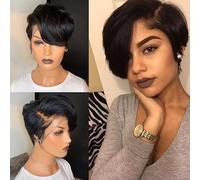 Short Bob Wig 6 Inch Pixie Natural Color Wig Human Hair, Lace Front Wig With Baby Hair, with Bangs Glueless Wig Suitable for ladies role play Wear