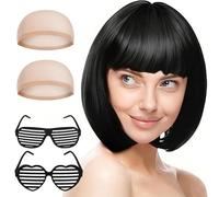 Short Bob Wig for Women, 5 Pack Short Black Bob Wigs Set with 2 Wig Caps, Neon Fancy Dress Accessory Cosplay With Bangs, Synthetic Straight for Daily Halloween Party