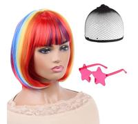 Short Bob Wig,Rainbow Bob Wig for Women,26 cm Funny Wigs for Women,with 1 hairnet and five-pointed star sunglasses,for Christmas,Cosplay Party and Night Club, and Costume Party