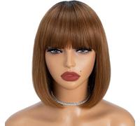 Short Bob Wig with Bangs Human Hair Ombre Brown Short Straight Bob for Black Women Brazilian Virgin Hair Glueless Machine Made 12 inch