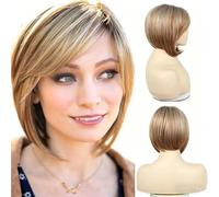 Short Bob Wig With Side Bangs - Synthetic Full Cap, Highlights Style, Daily Wear Fit All Face Shapes Skin Tones(D)