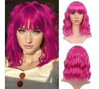 Short Bob Wigs Pink Wavy Wig With Air Bangs Women's Shoulder Length Wigs Curly Wavy Synthetic Cosplay Wig Pastel Bob Wig for Girl Colorful Wigs(12", Pink)